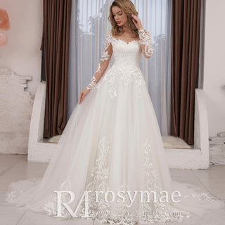Elegant Long Sleeve Lace and Tulle A-line Wedding Dress - Rosymae