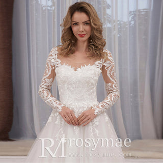 Elegant Long Sleeve Lace and Tulle A-line Wedding Dress - Rosymae