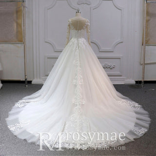Elegant Long Sleeve Lace and Tulle A-line Wedding Dress - Rosymae