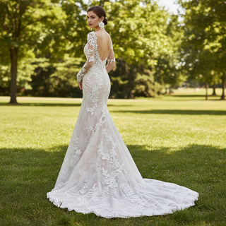 Elegant Mermaid Lace Wedding Dresses with Sheer Long Sleeves - Rosymae