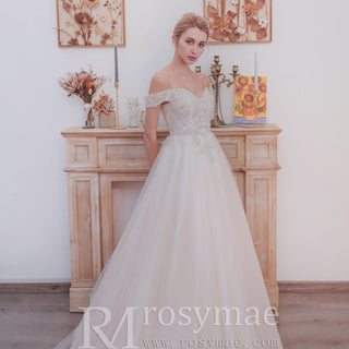 Elegant Off the Shoulder A Line Wedding Dresses with Sweetheart - Rosymae