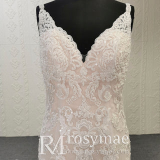Elegant Open Back Mermaid Trumpet Lace Wedding Dress with V-neck - Rosymae
