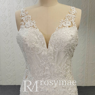 Elegant Plus Size V-neck Lacce Trumpet Keyhole Back Wedding Dress - Rosymae