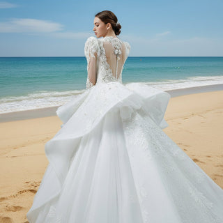 Elegant Puffy Long Sleeve Ballgown Ruffle Bridal Wedding Dresses - Rosymae