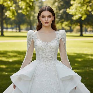 Elegant Puffy Long Sleeve Ballgown Ruffle Bridal Wedding Dresses - Rosymae