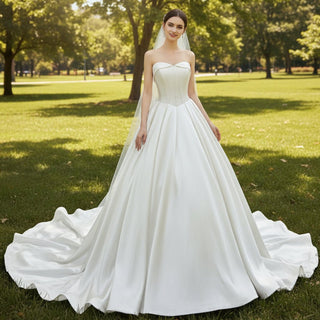 Elegant Satin A-line Bridal Wedding Dress with Ruched Skirt - Rosymae