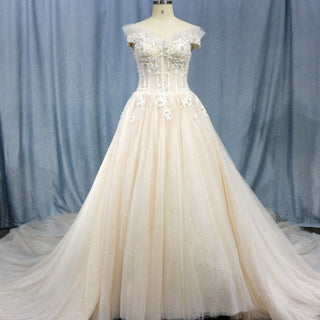 Elegant Shiny Tulle Princess Wedding Dress with Lace Applique - Rosymae