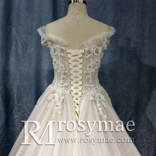 Elegant Shiny Tulle Princess Wedding Dress with Lace Applique - Rosymae