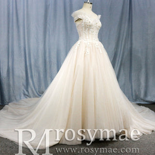 Elegant Shiny Tulle Princess Wedding Dress with Lace Applique - Rosymae