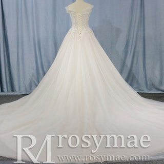 Elegant Shiny Tulle Princess Wedding Dress with Lace Applique - Rosymae
