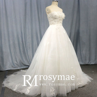 Elegant Strapless A-Line Beaded Lace Tulle Wedding Dress - Rosymae