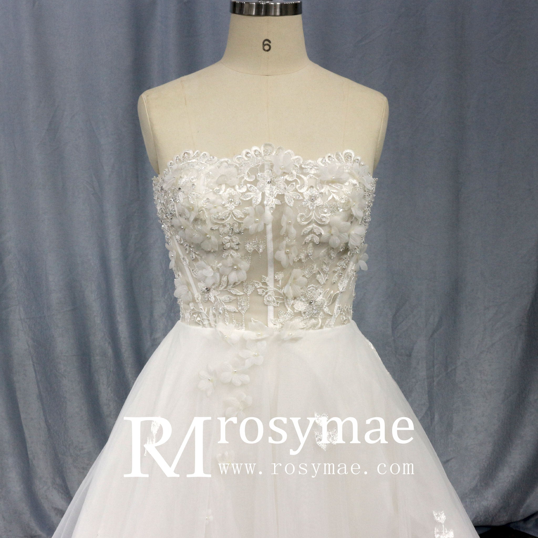 Elegant Strapless A-Line Beaded Lace Tulle Wedding Dress - Rosymae