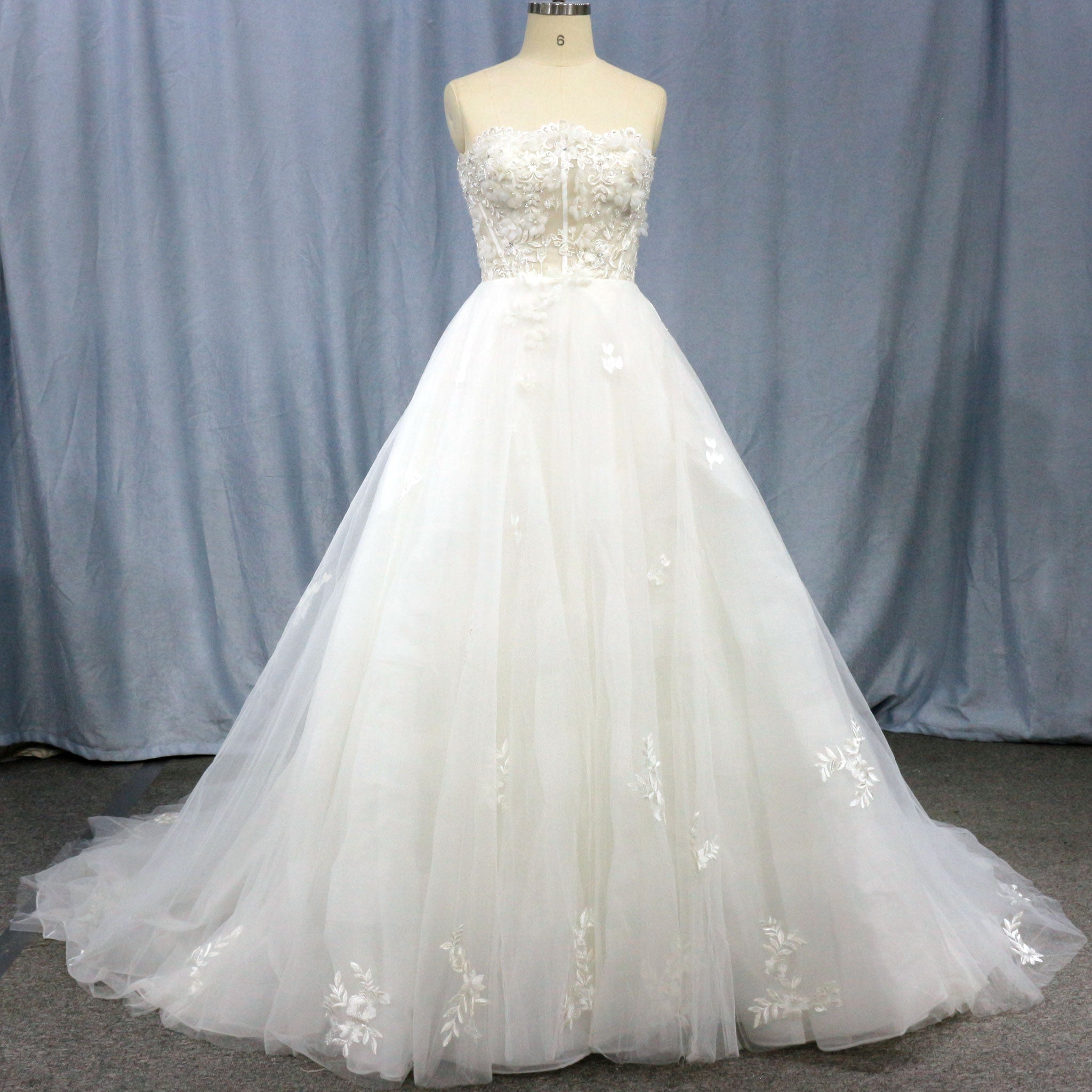 Elegant Strapless A-Line Beaded Lace Tulle Wedding Dress - Rosymae