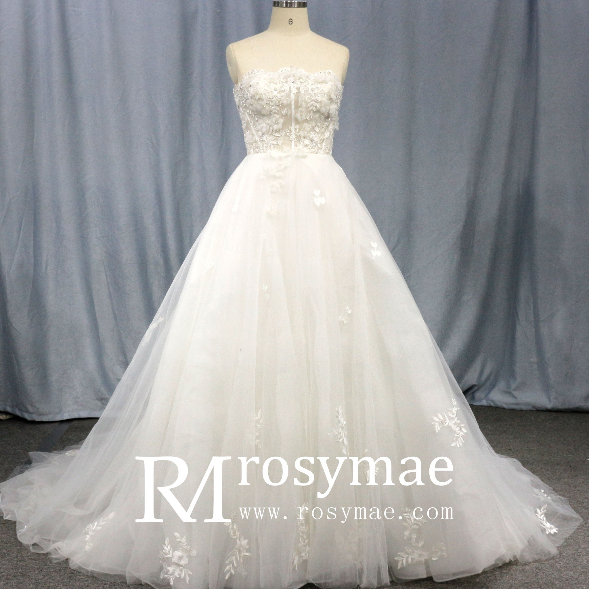 Elegant Strapless A-Line Beaded Lace Tulle Wedding Dress - Rosymae