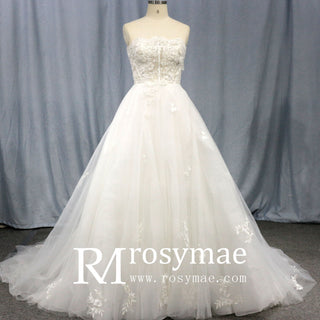 Elegant Strapless A-Line Beaded Lace Tulle Wedding Dress - Rosymae