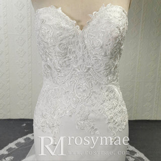 Elegant Strapless Mermaid Satin Wedding Dress with Detachable Train - Rosymae