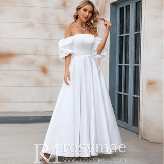 Elegant Tea Length A-line Wedding Dress with Off the Shoulder Sleeve - Rosymae