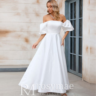 Elegant Tea Length A-line Wedding Dress with Off the Shoulder Sleeve - Rosymae