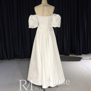 Elegant Tea Length A-line Wedding Dress with Off the Shoulder Sleeve - Rosymae
