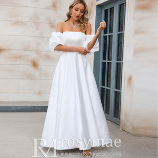 Elegant Tea Length A-line Wedding Dress with Off the Shoulder Sleeve - Rosymae