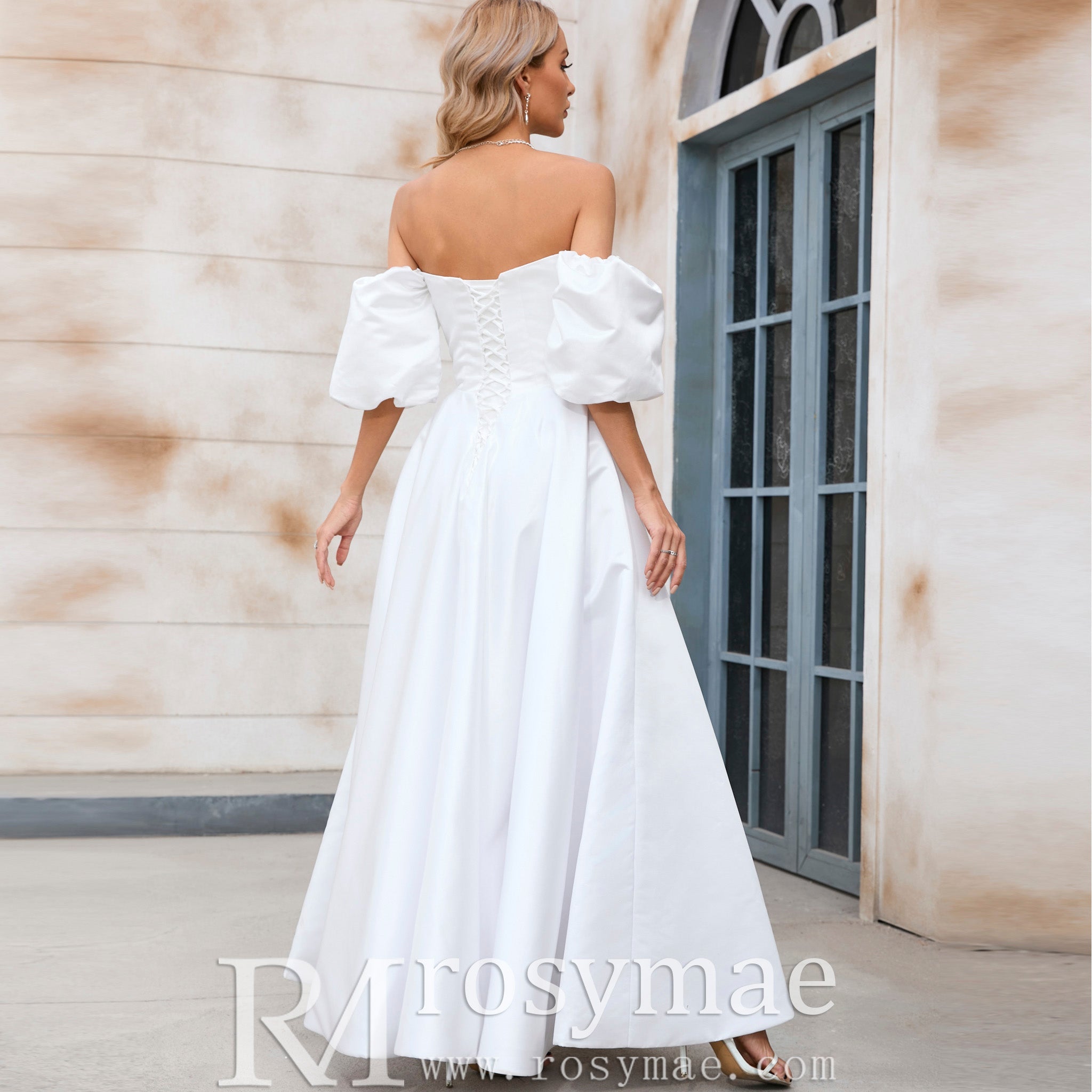 Elegant Tea Length A-line Wedding Dress with Off the Shoulder Sleeve White / 28W