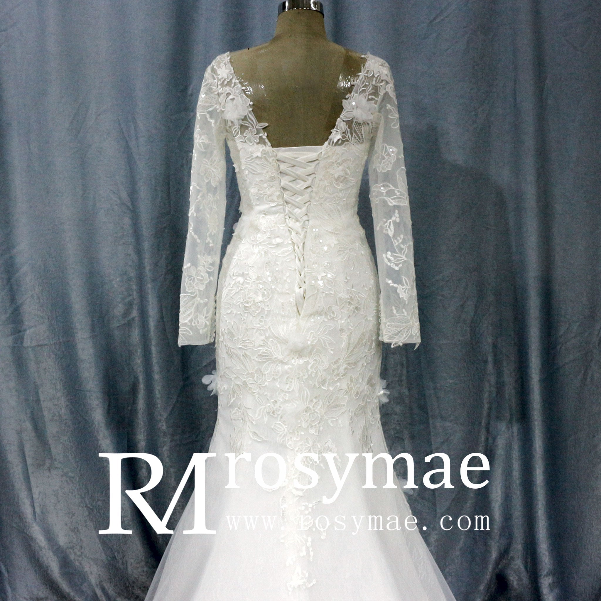 Elegant V-neck Mermaid Wedding Dress with Long Sleeves - Rosymae