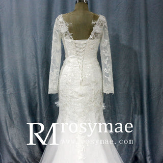 Elegant V-neck Mermaid Wedding Dress with Long Sleeves - Rosymae