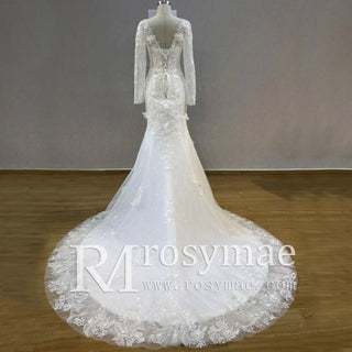 Elegant V-neck Mermaid Wedding Dress with Long Sleeves - Rosymae