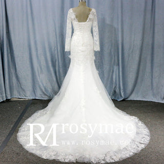 Elegant V-neck Mermaid Wedding Dress with Long Sleeves - Rosymae