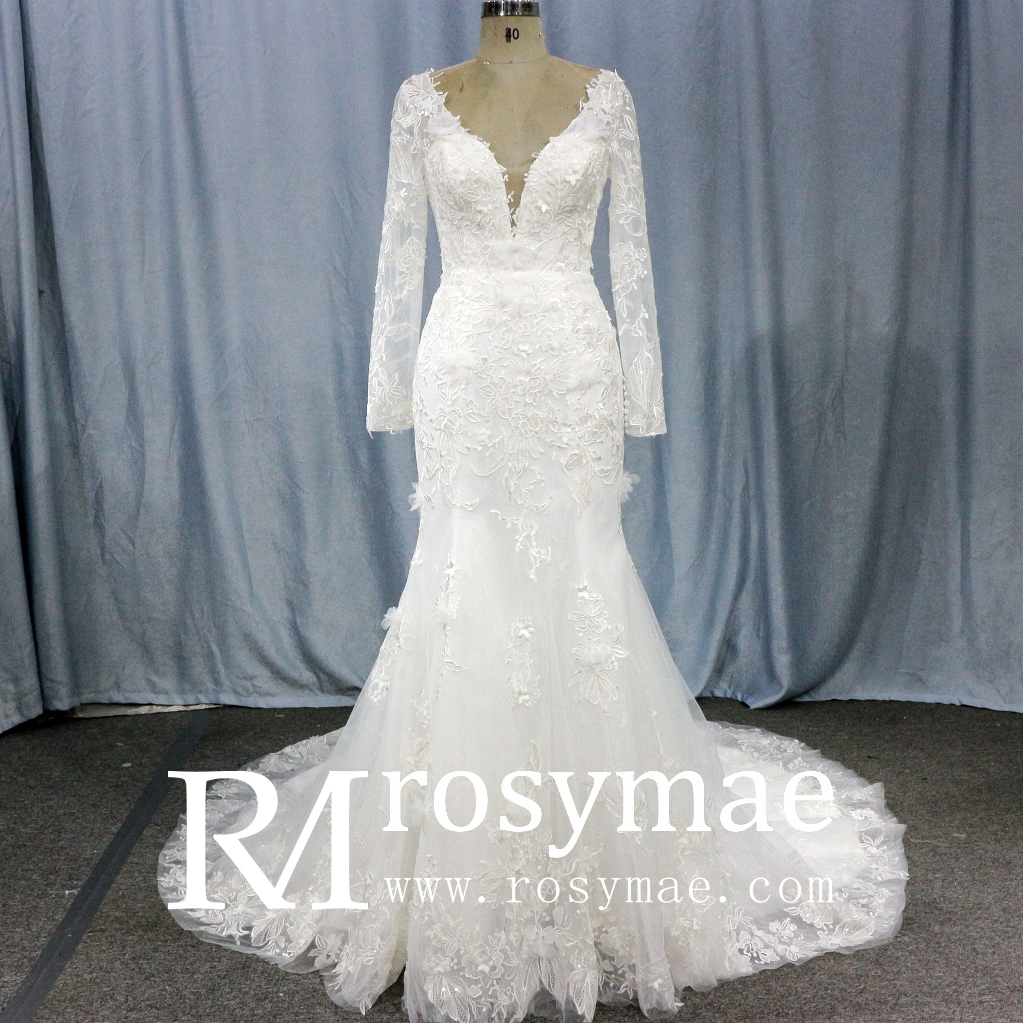 Elegant V-neck Mermaid Wedding Dress with Long Sleeves - Rosymae