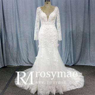Elegant V-neck Mermaid Wedding Dress with Long Sleeves - Rosymae