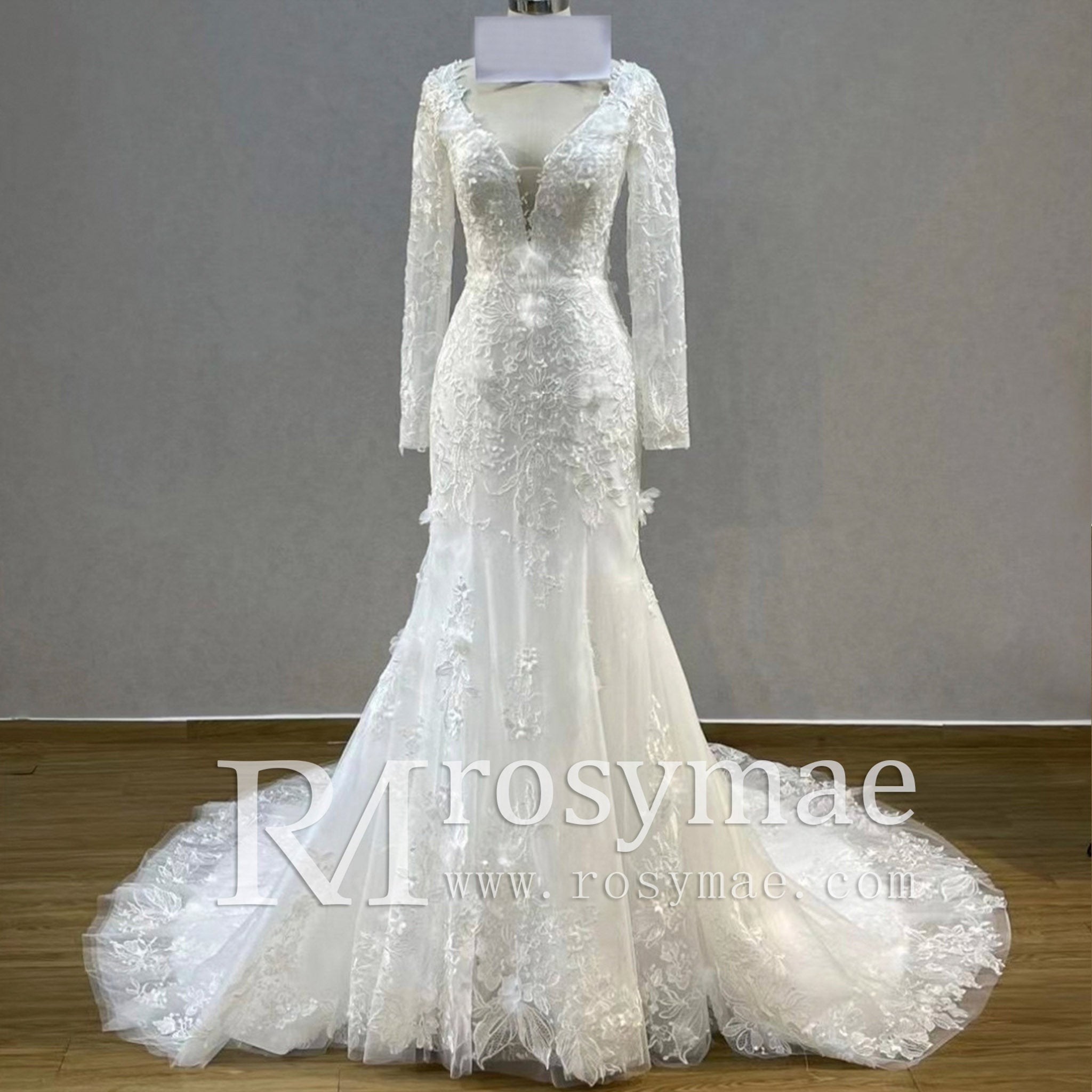 Elegant V-neck Mermaid Wedding Dress with Long Sleeves - Rosymae