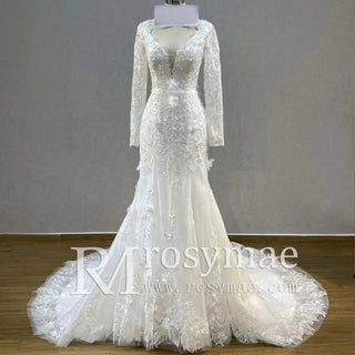 Elegant V-neck Mermaid Wedding Dress with Long Sleeves - Rosymae