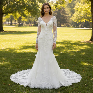 Elegant V-neck Mermaid Wedding Dress with Long Sleeves - Rosymae