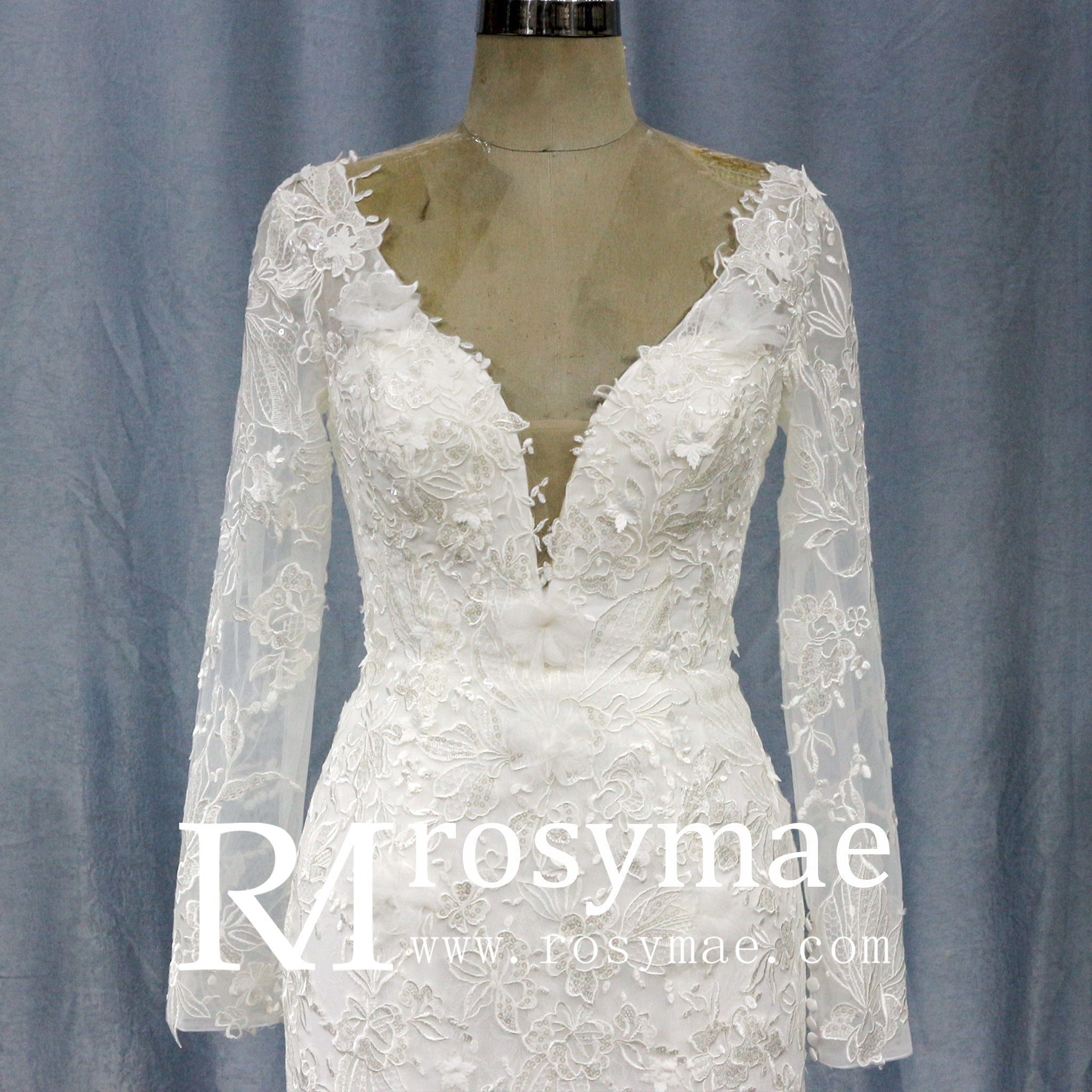 Elegant V-neck Mermaid Wedding Dress with Long Sleeves - Rosymae