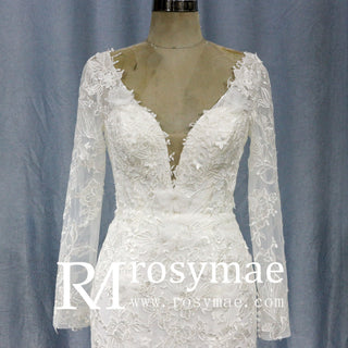 Elegant V-neck Mermaid Wedding Dress with Long Sleeves - Rosymae