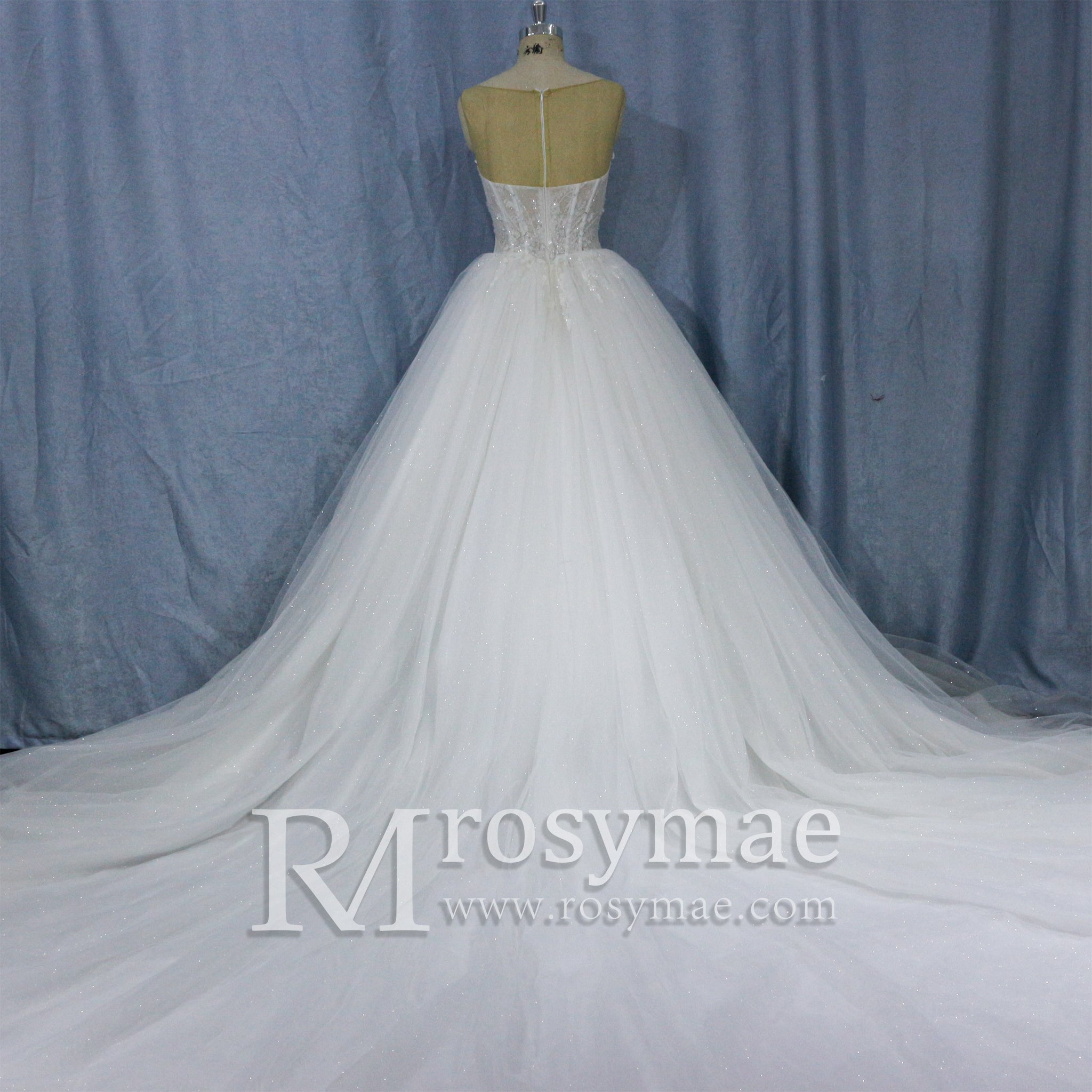 Fashionable Princess Sheer Back Beading A line Wedding Dress - Rosymae