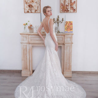 Fit and Flare Lace Wedding Dress with Double Spaghetti Straps - Rosymae