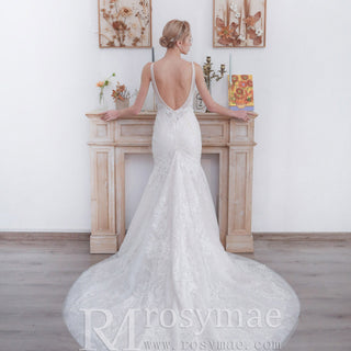 Fit and Flare Lace Wedding Dress with Double Spaghetti Straps - Rosymae