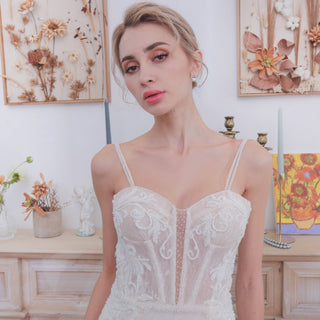 Fit and Flare Lace Wedding Dress with Double Spaghetti Straps - Rosymae