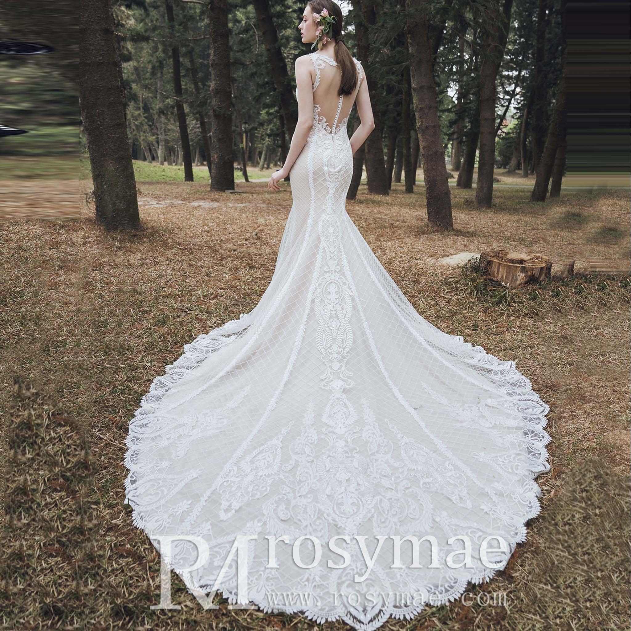 Sheer 3D Floral Lace Mermaid Bridal Gown Wedding Dress Ivory and Champagne / 22W Sheer 3D Floral Lace Mermaid Bridal Gown Wedding Dress Ivory and Champagne / 22W