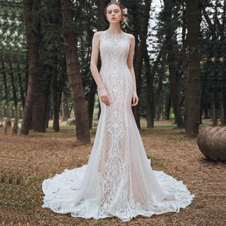 Sheer 3D Floral Lace Mermaid Bridal Gown Wedding Dress
