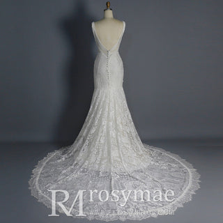 Fit and Flare Lace Wedding Dresses Mermaid Bridal Gowns with Train - Rosymae