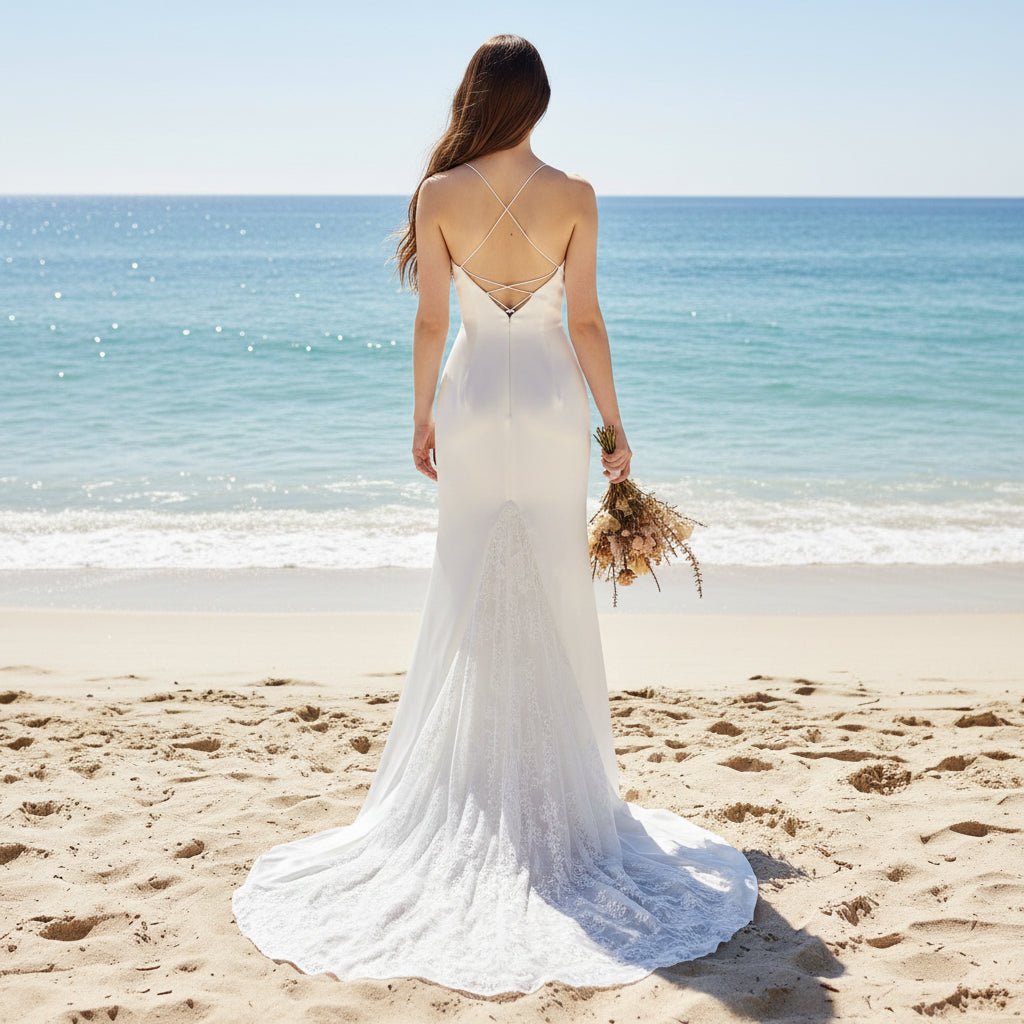 Fit Flare Satin Lace Spaghetti Strap Wedding Dress Bridal Gown - Rosymae