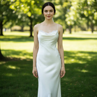 Fit Flare Satin Lace Spaghetti Strap Wedding Dress Bridal Gown - Rosymae