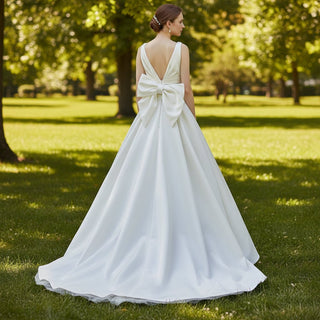 Floor Length Wedding Dress with Double V-Neck Bowknot Back - Rosymae