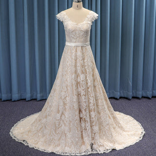 Floral Lace A-line Bridal Gown Wedding Dress with Capped Sleeve