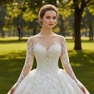 Floral Lace Ball Gown Puffy Skirt Wedding Dress with Long Sleeve - Rosymae