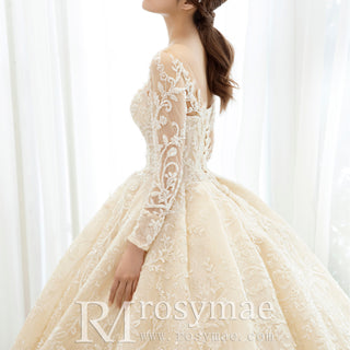 Long Sleeve Embroidery Floral Lace Ball Gown Wedding Dresses
