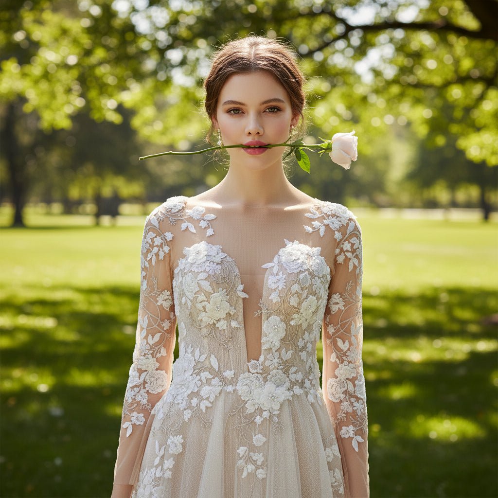 Floral Lace Long Sleeve Sheath Wedding Dress Bridal Gown - Rosymae